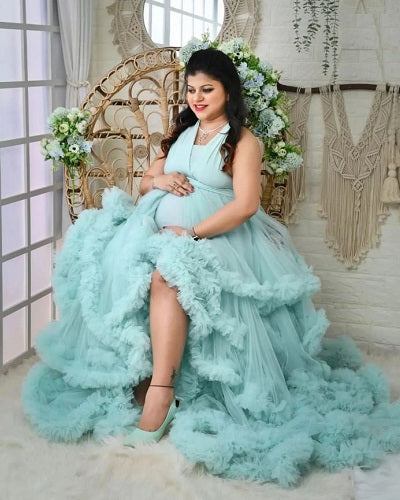 G2116, Luxury Sky Blue Ruffled Maternity Shoot Gown, Size - (All)pp