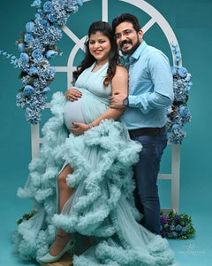 G2116, Luxury Sky Blue Ruffled Maternity Shoot Gown, Size - (All)pp
