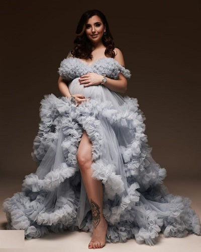 G1042, Grey Ruffled Maternity Shoot Trail Gown With Inner, Size (ALL)pp