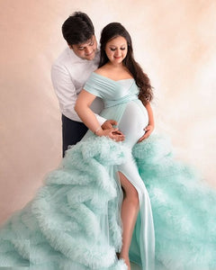 G2113, Sea Green Ruffled Slit Cut Maternity Shoot Trail Gown, Size (ALL)pp