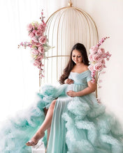 Load image into Gallery viewer, G2113, Sea Green Ruffled Slit Cut Maternity Shoot Trail Gown, Size (ALL)pp