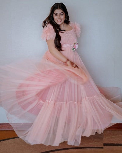 G1141, Peach Frilled  Ball Gown,, Size (All)