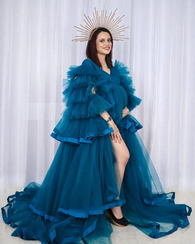 G1059, Navy Blue Frilled Slit Cut Maternity Shoot Trail Gown With Inner, Size (All)pp