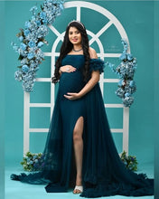 Load image into Gallery viewer, G579, Teal Green Slit Cut Ruffled Maternity Shoot Trail Gown, Size (All)pp
