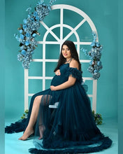 Load image into Gallery viewer, G579, Teal Green Slit Cut Ruffled Maternity Shoot Trail Gown, Size (All)pp