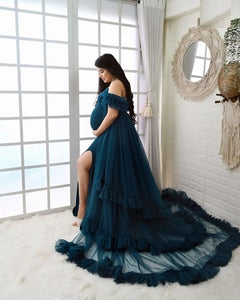 G579, Teal Green Slit Cut Ruffled Maternity Shoot Trail Gown, Size (All)pp