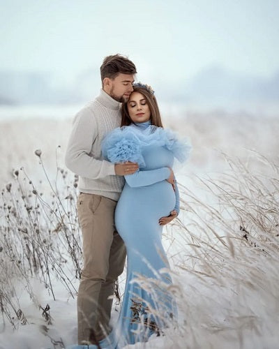 G1046, Ice Blue Body fit Ruffled Maternity Shoot Gown, Size (ALL)pp