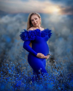 G1049, Royal Blue Body Fit Ruffled Maternity Shoot Trail Gown, Size(ALL)pp