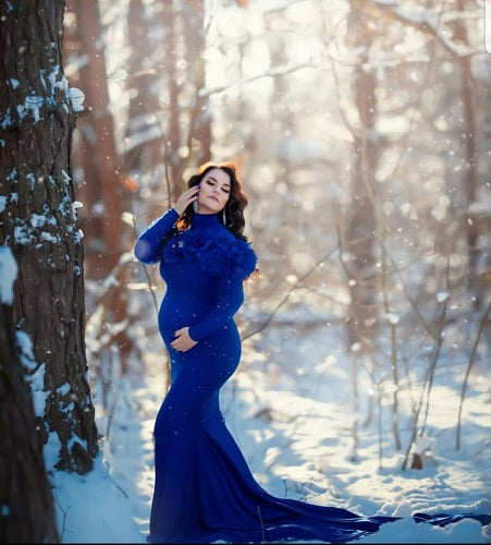G1049, Royal Blue Body Fit Ruffled Maternity Shoot Trail Gown, Size(ALL)pp