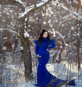 G1049, Royal Blue Body Fit Ruffled Maternity Shoot Trail Gown, Size(ALL)pp