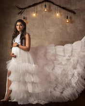 Load image into Gallery viewer, W2013, White One Shoulder Slit Cut Ruffled Maternity Shoot Trail Gown Size (All)pp