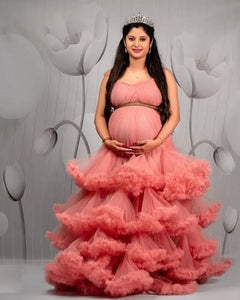 G548, Peach Ruffled Maternity Shoot Trail Gown, Size (ALL)pp