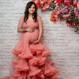 G548, Peach Ruffled Maternity Shoot Trail Gown, Size (ALL)pp