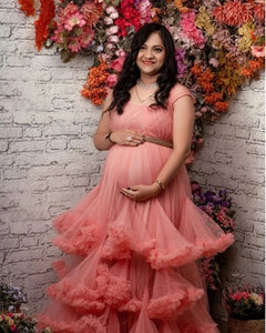 G548, Peach Ruffled Maternity Shoot Trail Gown, Size (ALL)pp