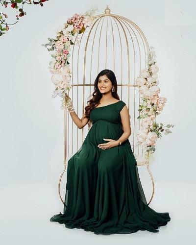 G1019, Bottle Green One Shoulder Maternity Shoot Gown, Size (ALL)pp