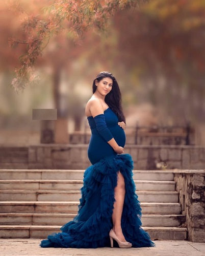 G1020, Navy Blue Frill Maternity Shoot Trail Gown, Size (All)pp