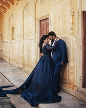 Load image into Gallery viewer, G329, Navy blue Satin Semi Off Shoulder Full Sleeves Prewedding Shoot Trail Ball Gown, Size (XS-30 to XXL-42)
