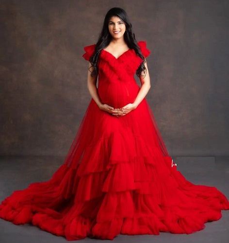 G655, Red Ruffled Maternity Shoot Trail Gown, (All Sizes)