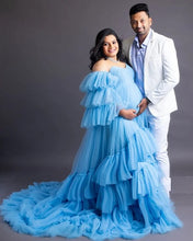 Load image into Gallery viewer, G1026,Sky Blue Ruffled Maternity Shoot Trail Gown, Size (All)pp