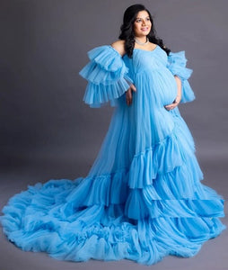 G1026,Sky Blue Ruffled Maternity Shoot Trail Gown, Size (All)pp