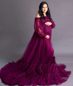 G1027, Dark Orchid Purple Frilled Maternity Shoot Trail Gown, Size (ALL)pp