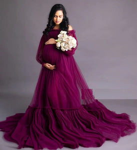 G1027, Dark Orchid Purple Frilled Maternity Shoot Trail Gown, Size (ALL)pp
