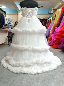 W259, White Tube Ruffled Ball Gown, Size (All)