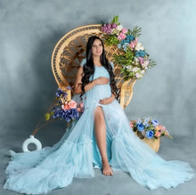 Load image into Gallery viewer, G1128, Light Blue Slit Cut Ruffled Maternity Shoot Trail Gown With Inner , Size (All)pp