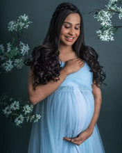 Load image into Gallery viewer, G1128, Light Blue Slit Cut Ruffled Maternity Shoot Trail Gown With Inner , Size (All)pp