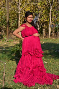 G648 (1), Dark Magenta Puffy Maternity Shoot  Baby Shower Trail Gown, Size (All)