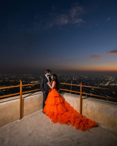 G740 (2), Luxury Orange Infinity Frill Pre Wedding Long Trail  Gown, Size (All)