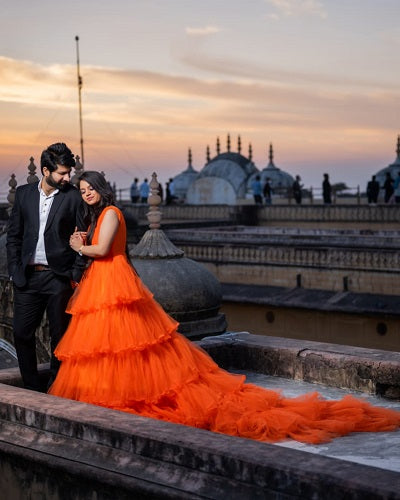 G740 (2), Luxury Orange Infinity Frill Pre Wedding Long Trail Gown