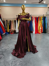 Load image into Gallery viewer, G905,Dark Wine Satin Slit Cut Long Trail Shoot Gown, Size (All)