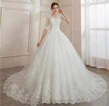 Load image into Gallery viewer, W155, White Long Trail Half Sleeves Ball Gown  Size (XS-30 to XXL-42)
