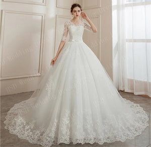 W155, White Long Trail Half Sleeves Ball Gown  Size (XS-30 to XXL-42)