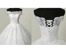 Load image into Gallery viewer, W175, White Off Shoulder Trail Ball Gown, Size (XS-30 to XL-40)