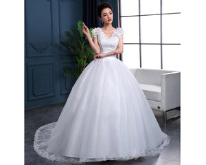 W170 (2), White Cap Sleeves Floral Trail Ball Gown, Size (XS-30 to XL-40)