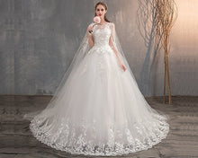 Load image into Gallery viewer, W174, White Lace Long Cap Sleeves Trail Ball Gown, Size (XS-30 to XXL-42)