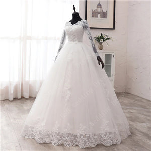 W172, White Lace Full Sleeves Prewedding Trail Ball Gown, Size (XS-30 to XL-40)