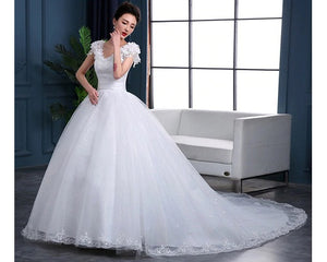 W170 (2), White Cap Sleeves Floral Trail Ball Gown, Size (XS-30 to XL-40)