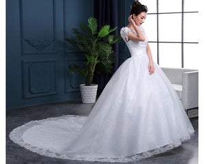 W170 (2), White Cap Sleeves Floral Trail Ball Gown, Size (XS-30 to XL-40)