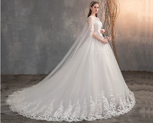 W174, White Lace Long Cap Sleeves Trail Ball Gown, Size (XS-30 to XXL-42)