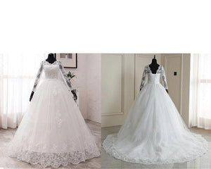 W172, White Lace Full Sleeves Prewedding Trail Ball Gown, Size (XS-30 to XL-40)