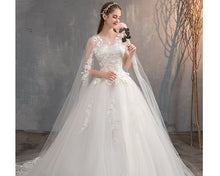Load image into Gallery viewer, W174, White Lace Long Cap Sleeves Trail Ball Gown, Size (XS-30 to XXL-42)
