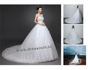 W157, White Flower Prewedding Shoot Trail Gown, Size (XS-30 to XL-40)