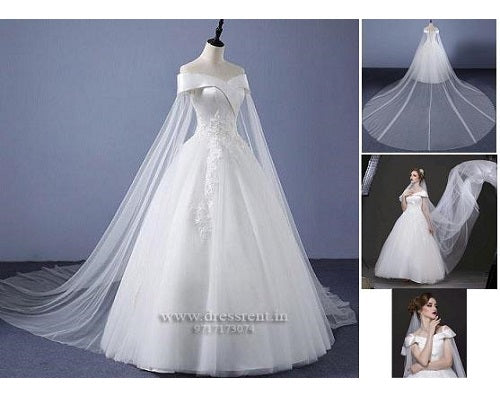 W151 (2) White Off-Shoulder Veil Princess Trail Wedding Gown, Size (XS-30 to XL-40)