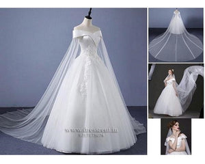 W151 (2) White Off-Shoulder Veil Princess Trail Wedding Gown, Size (XS-30 to XL-40)