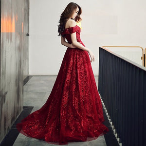 G336, Burgundy Evening Dress Elegant Shining Long Formal Gown, Size (XS-30 to L-38)