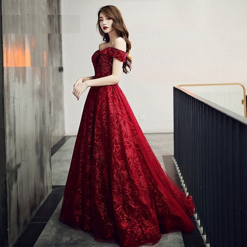G336, Burgundy Evening Dress Elegant Shining Long Formal Gown