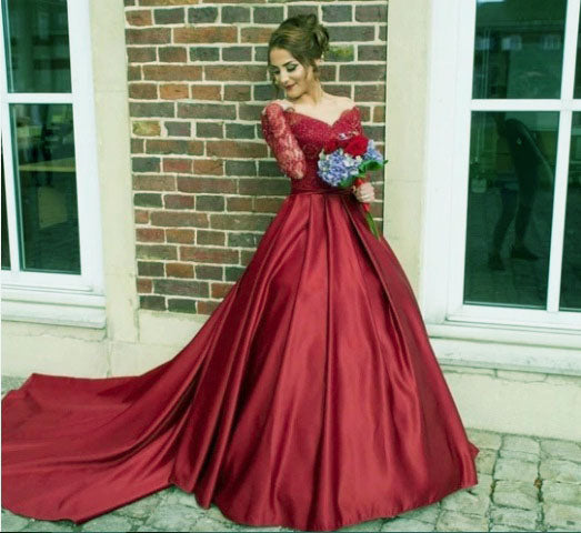 Captivating red - Long sleeves red sparkle ball gown wedding dress with  beadings & glitter tulle - various styles
